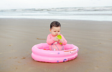 Praia, bebê, rosa, piscina, areia, chapéu, criança, garota, criancinha