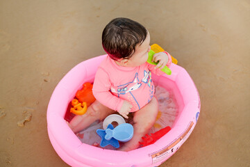 Praia, bebê, rosa, piscina, areia, chapéu, criança, garota, criancinha