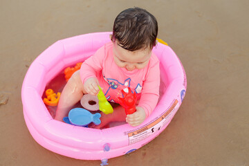 Praia, bebê, rosa, piscina, areia, chapéu, criança, garota, criancinha