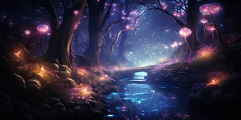Mystical forest at night with glowing light. Generative AI image