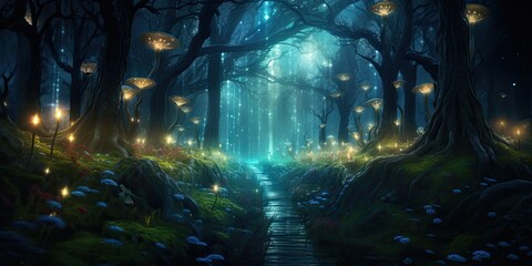 Mystical forest at night with glowing light. Generative AI image