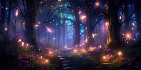 Mystical forest at night with glowing light. Generative AI image