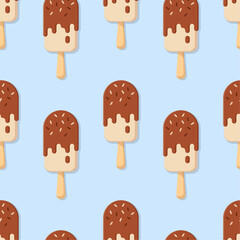 Popsicle vector seamless pattern. Chocolate ice cream on blue background. Best for textile, wallpapers, home decoration, wrapping paper, package and web design.