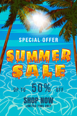 Fototapeta na wymiar Poster Summer Sale template. Palms, sun, sky, tropical ocean summer scene