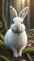 white rabbit on green grass forest