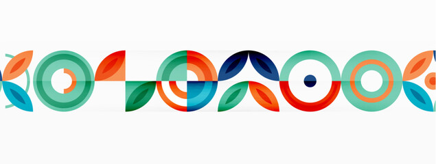Obraz premium Abstract background - minimalist circles and round elements composition with varying sizes circles and other geometric shapes. The elements are arranged symmetrically in a grid-like pattern