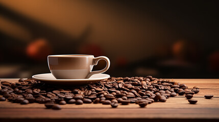 Coffee Cup, Coffee Beans on Table with empty copy space for text