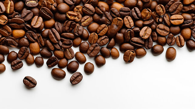 Roasted coffee beans on white background with copy space