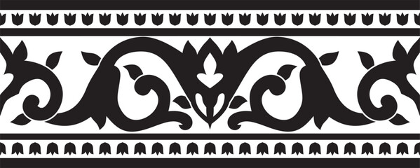Vector monochrome black seamless turkish ornament. Endless ottoman national border, frame..