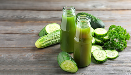 Bottles of juice with cucumber and parsley on grey wooden table