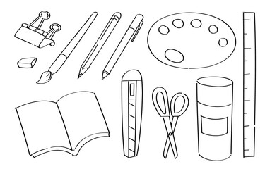 Cute doodle education cartoon icons and objects. School and office supplies. Pencils, paints, scissors, ruler, pencils, eraser, pencil sharpener. Vector illustration.