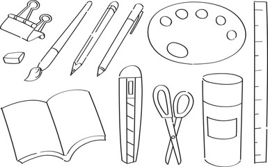 Cute doodle education cartoon icons and objects. School and office supplies. Pencils, paints, scissors, ruler, pencils, eraser, pencil sharpener. Vector illustration.