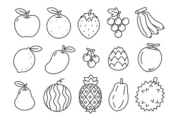 Cute doodle fruit cartoon isolated icons and objects. Fruits line icons set. Outline illustration of fruit vector icons for web design.