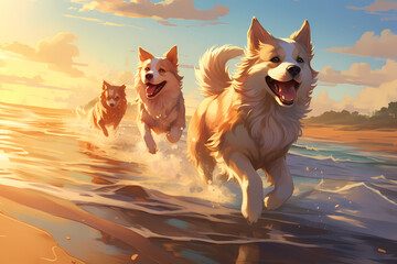 Fototapeta na wymiar dancing dogs, on the beach anime style