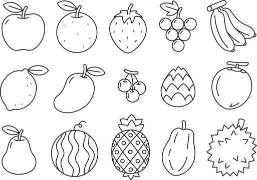 Cute doodle fruit cartoon isolated icons and objects. Fruits line icons set. Outline illustration of fruit vector icons for web design.