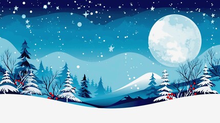 Christmas winter wallpaper with forest in blue shades with red accent berries and big moon