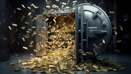 Wealth of a Bank Vault Golden Safe Overflowing with Cash: Wealth and Prosperity Concept, Generative AI