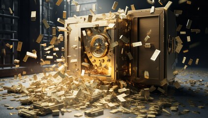 Wealth of a Bank Vault Golden Safe Overflowing with Cash: Wealth and Prosperity Concept, Generative AI - obrazy, fototapety, plakaty