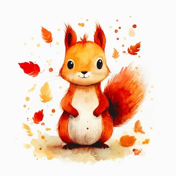 illustration of watercolor red squirrel in cartoon style for textile print or object