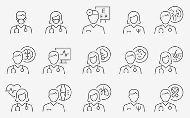 Doctor icons, such as pediatrician, cardiologist, dermatologist, gastroenterologist, pulmonologist and more. Editable stroke.