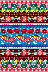 Pakistani or Indian truck art vector seamless  pattern with  fish and roses, decorative wallpaper, textile or fabric print design
