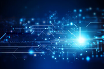 Digital technology blue circuit board line texture background. Digital integrated network technology futuristic wallpaper. Generative AI.