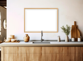 Stylish kitchen in white and brown wood. Style minimalism. AI Generated
