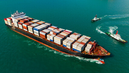 cargo container ship carrying in sea import export goods and distributing products to dealer consumers across Asia pacific and worldwide global business transportation by container ship 