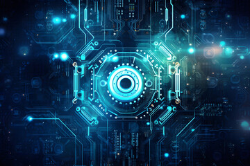 Obraz premium Digital technology circuit board line texture background. Digital integrated network technology futuristic wallpaper. Generative AI.