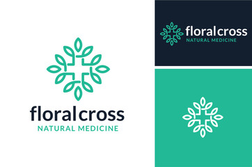 Pharmacy Cross with Organic Flower Leaf for Natural Medicine Hospital Aid Medical Emergency  logo design