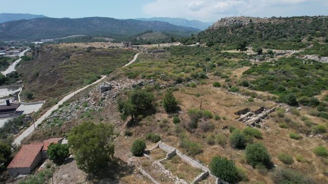 Drone shot of the Ancient City of Xanthos Lycian ruins in T&uuml;rkiye