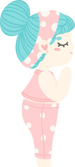 Cute cartoon girl in moutian yoga pose. Pastel-colored illustration of yoga girl for yoga lovers and self-care enthusiasts.