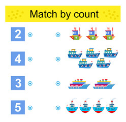 Math activity for kids. Developing numeracy skills. Count ships and match the numbers.