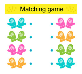 Matching game. Task for the development of attention. Vector illustration of mittens.