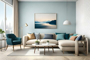 Modern living room. Blank horizontal poster frame mock up scandinavian style living room interior, modern living room interior background, beige sofa, 3d rendering