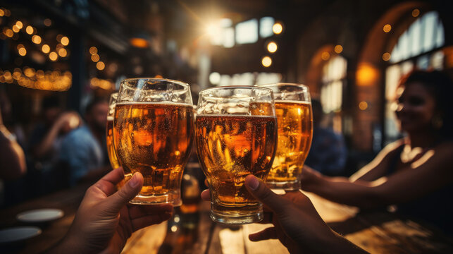 Multiracial group of friends enjoying a beer - Young people hands toasting and cheering aperitif beers half pint - Friendship and youth concept - Warm vintage raw filter - Focus on bottom hand
