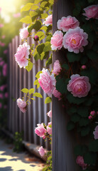 ai generated illustration pink rose flowers and fence