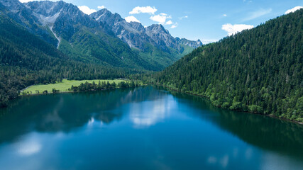 Naklejka na ściany i meble Beautiful view of high altitude forest mountain and lake landscape in Sichuan,China