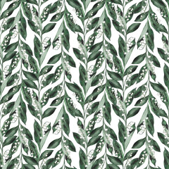 Floral pattern spring lily of the valley. Watercolor seamless background flowers. Cute Print for textile design or wallpaper. Hand drawn texture with flowers, buds, leaves and stems.