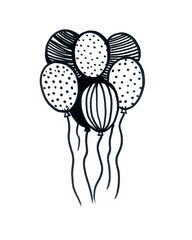 Doodle of a bouquet of balloons. Black outline on a white background. The balls are filled with a pattern. Lines or dots. Each ball has a wavy thread.