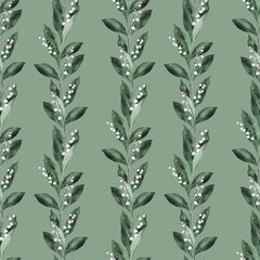 Floral pattern spring lily of the valley. Watercolor seamless background flowers. Cute Print for textile design or wallpaper. Hand drawn texture with flowers, buds, leaves and stems.