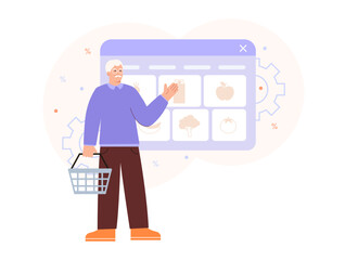 Old man holding basket and selecting food in online store. Online shopping for senior people concept. Modern shopping via gadgets. Flat vector illustration in blue and red colors