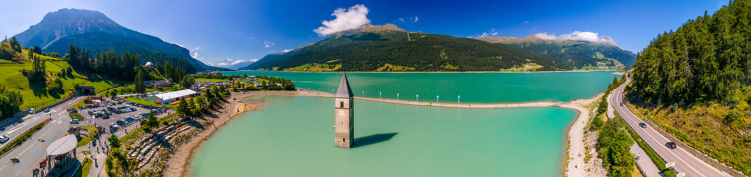 Lake Reschensee in Tirol with the sunken church tower