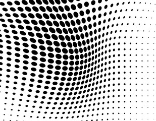 Black and white halftone texture. Black dots on a white background. Waves from points