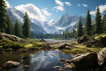 a rocky mountain river flows through a valley with a coniferous forest on the background of mountains. beautiful landscape. generative ai.