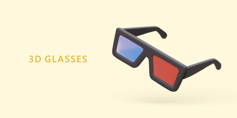 Realistic glasses with lenses of different colors. Stylish anaglyphs for watching 3D videos. Concept for shop of stereo accessories. Template for cinemas, rental service