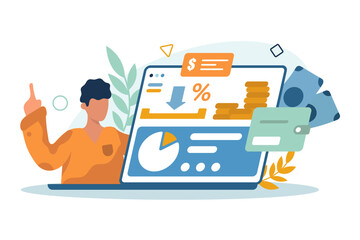 Man controlling savings and investments in online account. Online banking, payment for purchases and services with different gadgets. Flat vector illustration in blue and orange color