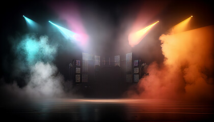Theater setting with concert and stage, stage lit by colored spotlights. lights and smoke Ai generated image 