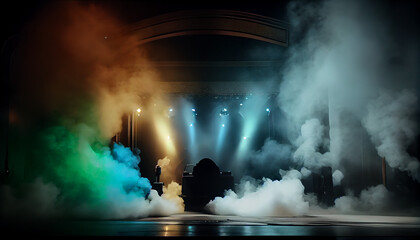 Fototapeta na wymiar Theater setting with concert and stage, stage lit by colored spotlights. lights and smoke Ai generated image 
