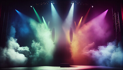 Theater setting with concert and stage, stage lit by colored spotlights. lights and smoke Ai...